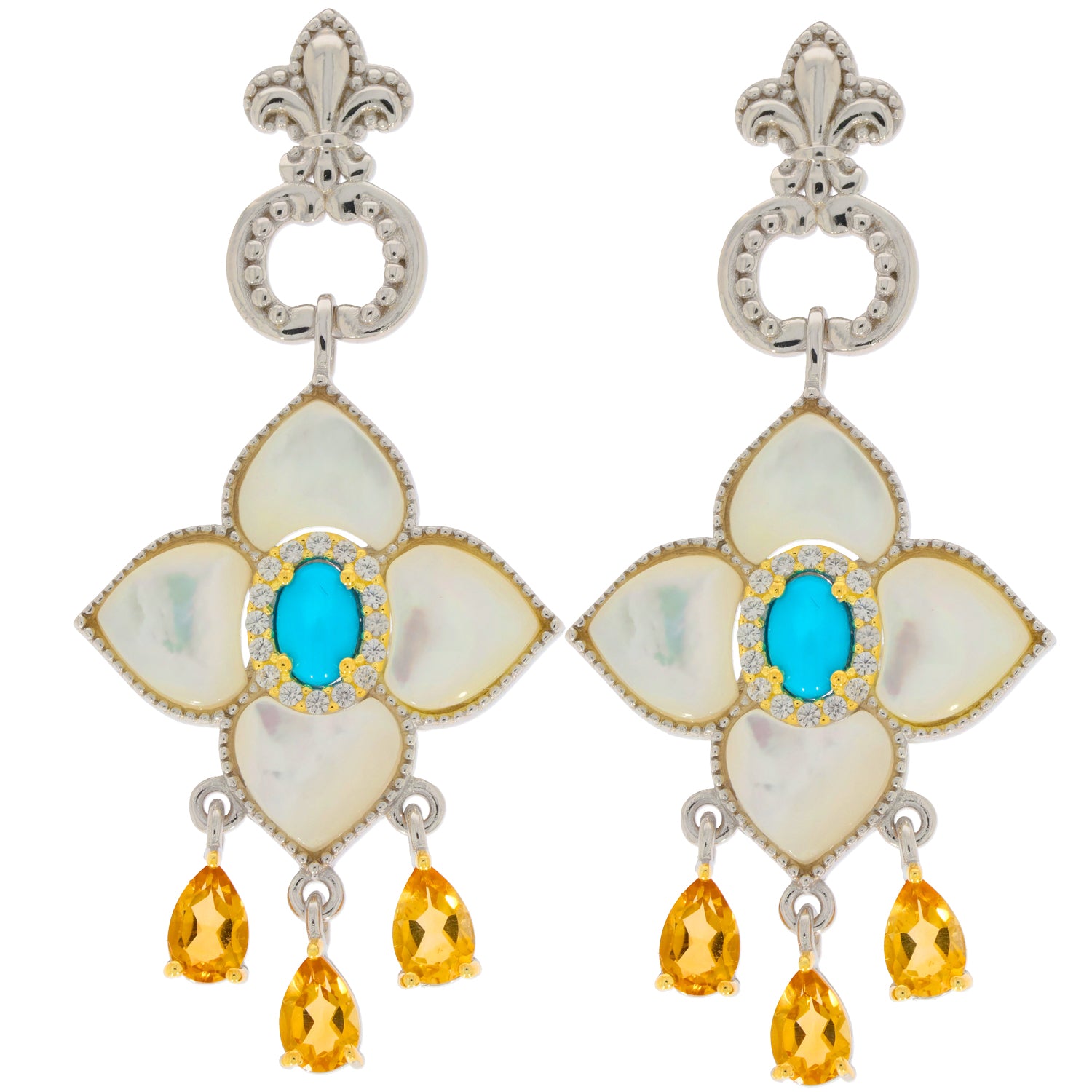 Elegant silver earrings featuring turquoise and yellow gemstones, designed in a floral shape with sparkling accents.