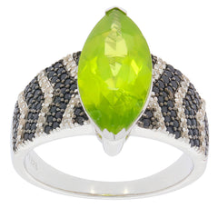 Marquise green peridot sterling silver ring with black diamond accents, showcasing elegant design and vibrant gemstone.