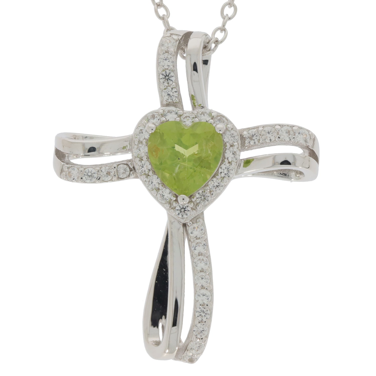 Elegant green peridot heart pendant in sterling silver with diamond accents, featuring a stylish cross design.