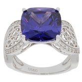 Blue Sapphire Sterling Silver Ring with intricate design and sparkling accents, perfect for elegant occasions.