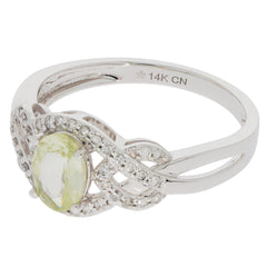 Elegant 14K white gold ring featuring a green Peridot gemstone and sparkling diamond accents, perfect for any jewelry collection.