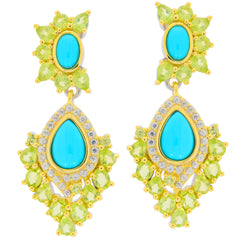Elegant turquoise and peridot chandelier earrings with sparkling accents in gold setting.