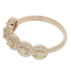 14K yellow gold ring featuring round green diamonds and sparkling accents, perfect for elegant occasions.