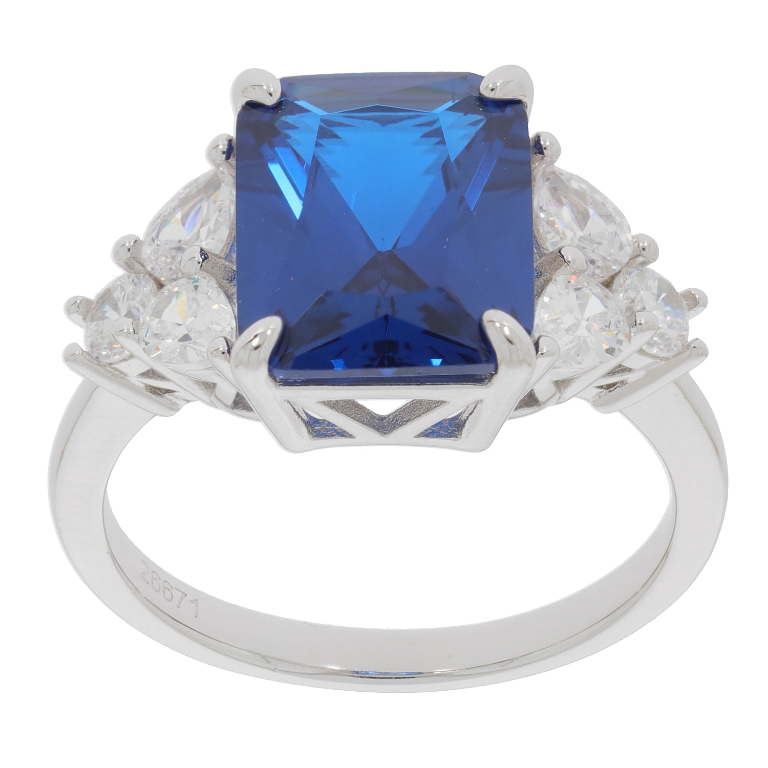 Emerald blue sapphire sterling silver ring with accent gemstones, showcasing elegance and luxury in design.