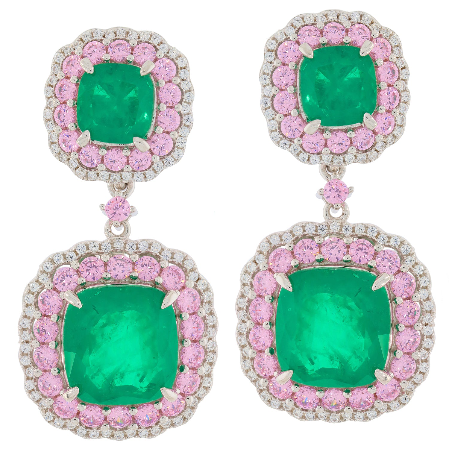 Cushion Green Emerald Sterling Silver Earrings with pink Sapphire accents, showcasing luxurious gemstone elegance.