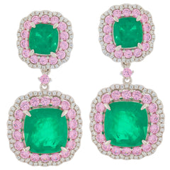 Cushion Green Emerald Sterling Silver Earrings with pink Sapphire accents, showcasing luxurious gemstone elegance.