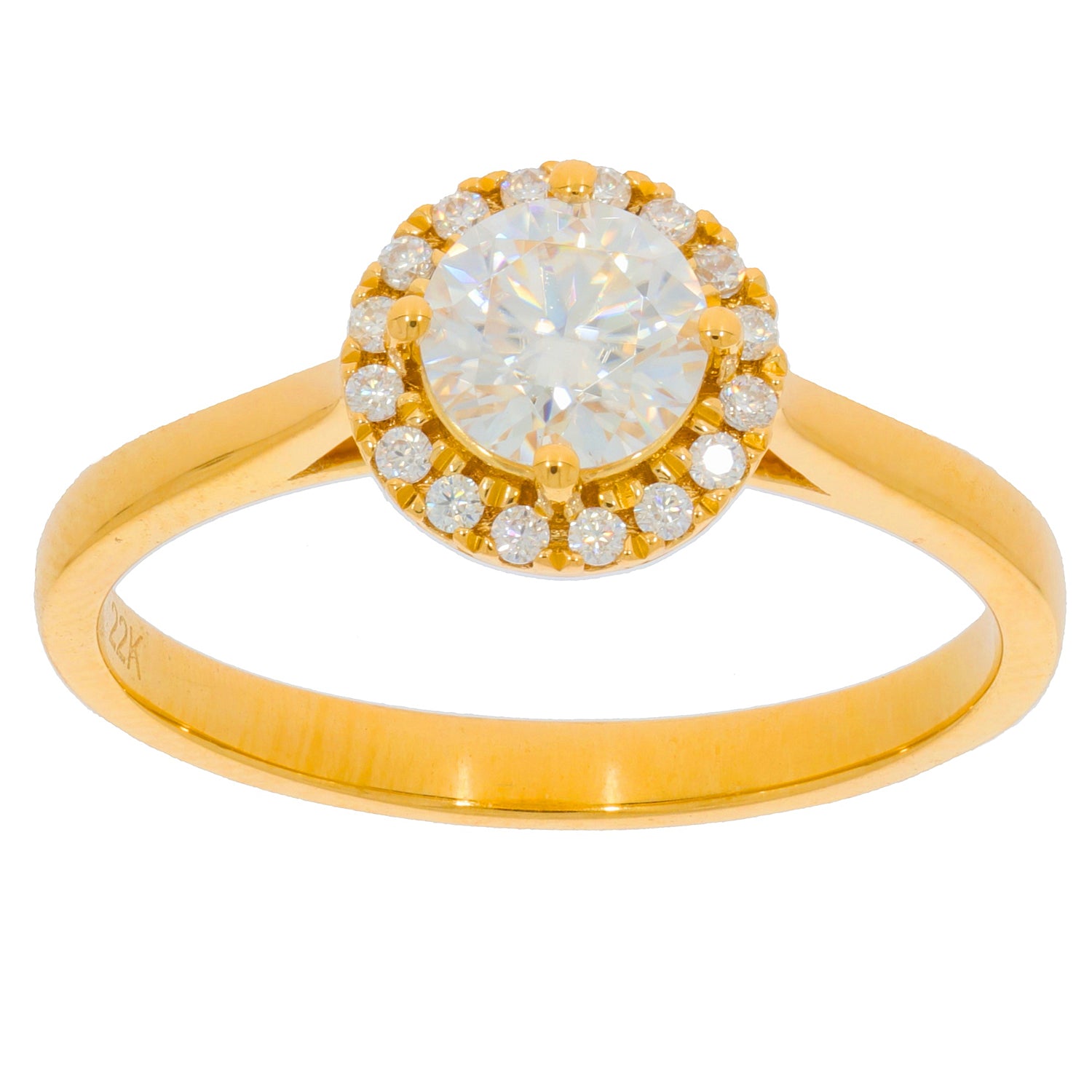 Elegant round white diamond ring in 14K yellow gold with accent diamonds, perfect for sophisticated style.
