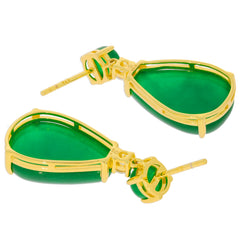 Pear green jadeite sterling silver earrings with yellow gold accents, showcasing elegant pear-cut green gemstones.