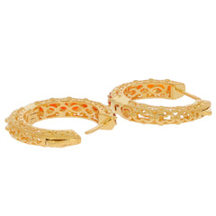 Round orange sapphire sterling silver earrings with intricate design and sparkling accents, perfect for elegant style.