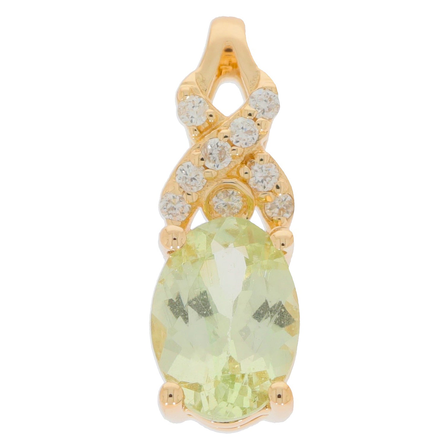 14K yellow gold pendant featuring a green Peridot gemstone and sparkling diamond accents, an elegant jewelry piece.