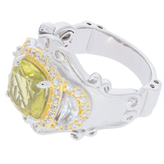 Cushion yellow sapphire sterling silver ring with accent stones, showcasing luxury and elegance.