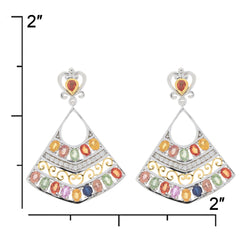 Oval multiple color sapphire sterling silver earrings with intricate design and sparkling accents.