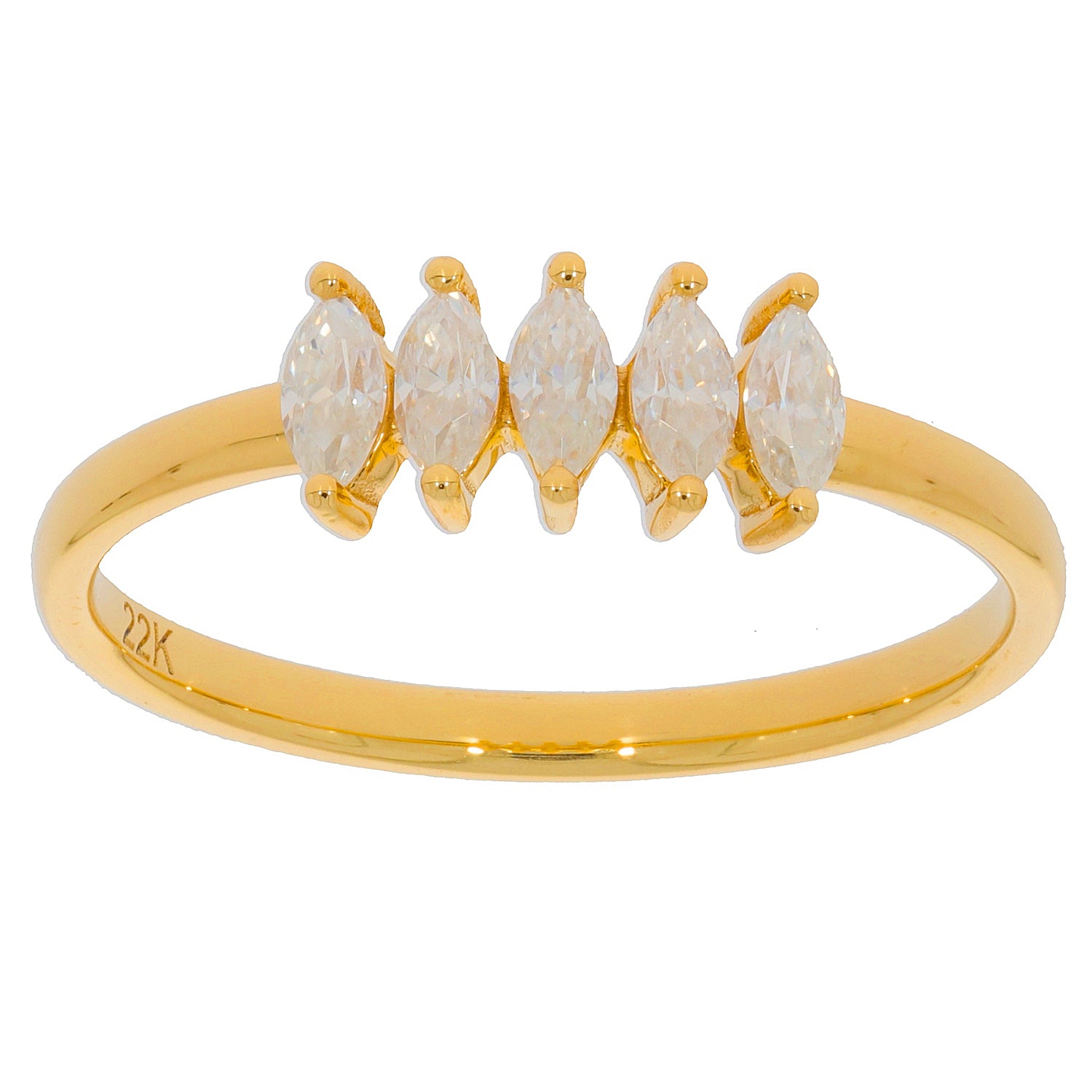 Elegant 22K gold ring featuring five marquise-cut white diamonds, perfect for elevating any sophisticated style.