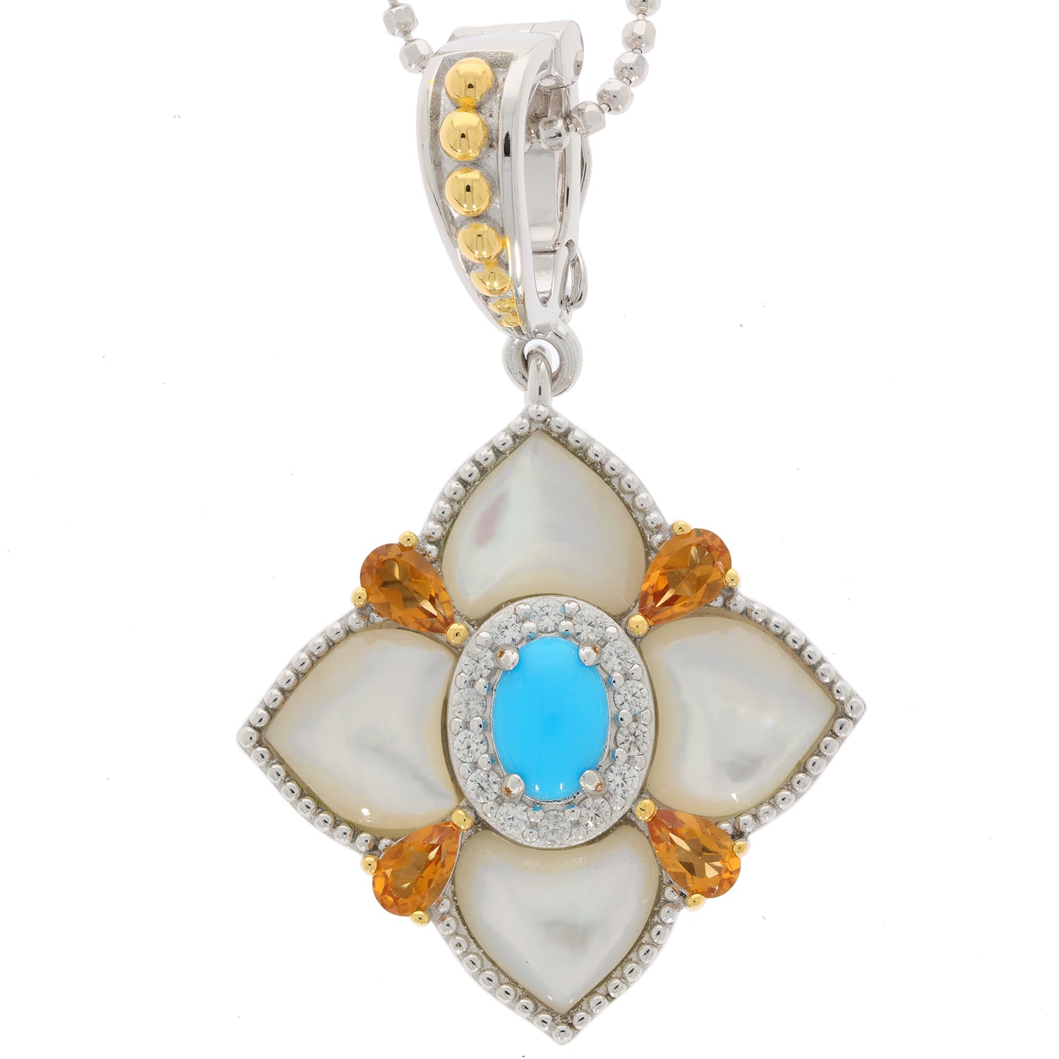 Elegant blue turquoise sterling silver pendant with sparkling gemstones, perfect for adding luxury to any jewelry collection.