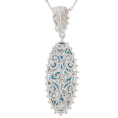 Elegant blue turquoise sterling silver pendant with intricate detailing and moissanite accents.