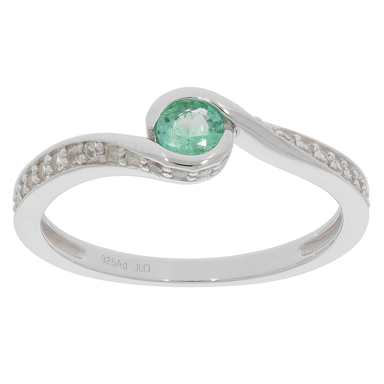 Elegant round green emerald sterling silver ring with accent stones, showcasing luxury and timeless beauty.