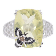 Cushion Yellow Lemon Quartz Sterling Silver Ring with bee accent, showcasing elegance and luxury in a sophisticated design.