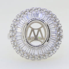 Sterling Silver Semi Mount Ring Setting with Oval Halo and Baguette White Topaz gemstones, made to order.