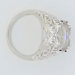 Art Deco style sterling silver semi mount ring setting, featuring intricate floral design, designed for 16x12mm oval gemstone.