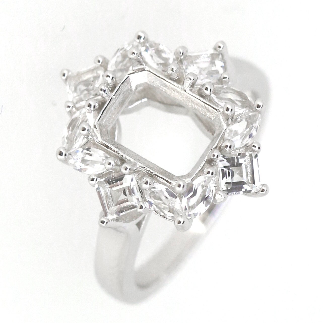 Sterling Silver Semi Mount Ring Setting with White Topaz, size for custom main gemstone installation.
