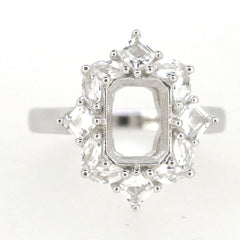 Sterling Silver Semi Mount Ring Setting with White Topaz, 9x7mm, suitable for custom gemstone.