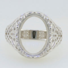 Sterling Silver Semi Mount Ring Setting in Art Deco Style, oval design for custom gemstone fitting.