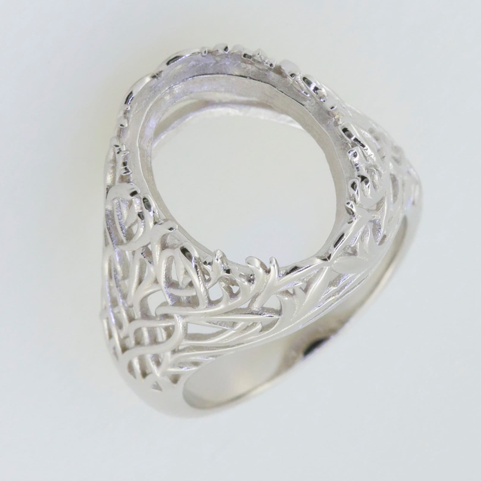 Sterling Silver semi mount ring setting with intricate Art Deco design, designed for 16x12mm oval gemstones.