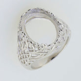 Sterling Silver semi mount ring setting with intricate Art Deco design, designed for 16x12mm oval gemstones.