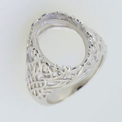 Sterling Silver semi mount ring setting with intricate Art Deco design, designed for 16x12mm oval gemstones.