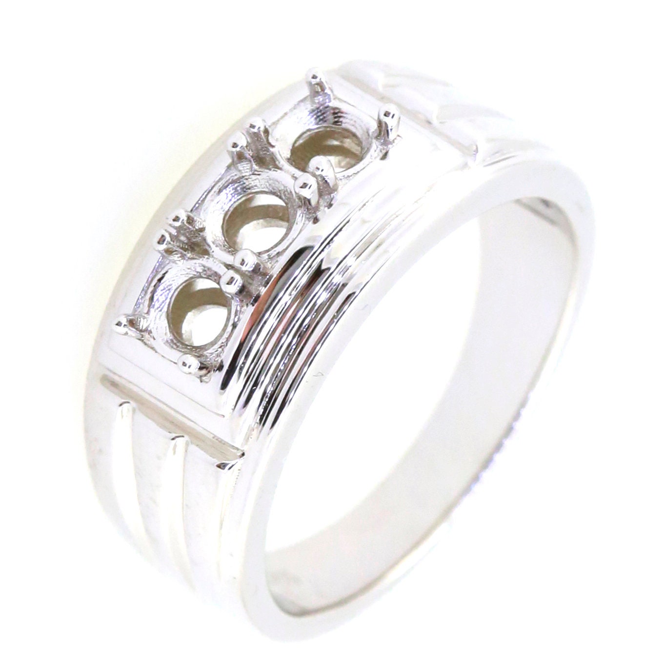 Customized Men's Sterling Silver Semi Mount Ring Setting with three stones for 8mm and 3.5mm gemstones.