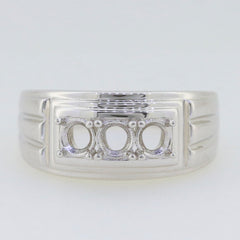 Customized men's sterling silver semi mount ring setting with three stone cavities for 8mm and 3.5mm gems.