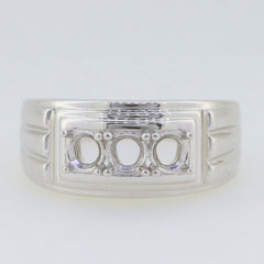 Men's sterling silver semi mount ring setting featuring three stone placeholders and a sleek design.
