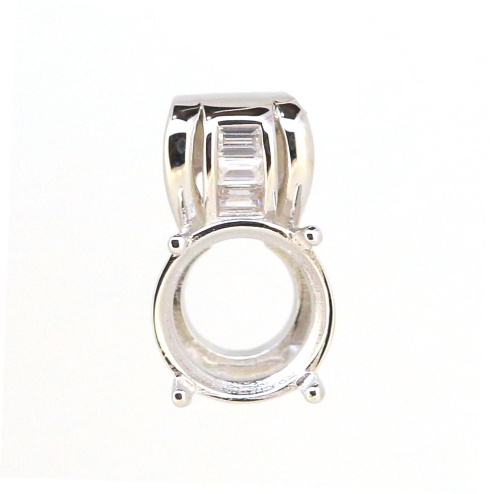 Sterling Silver Semi Mount Pendant Setting for 10x10mm Round Gemstone, featuring White Topaz accents.