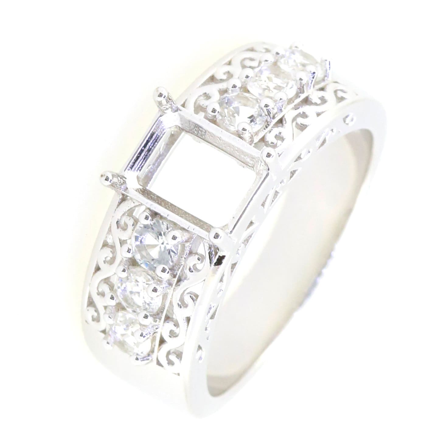 Sterling Silver Semi Mount Ring Setting with White Topaz stones, designed for an 8x6mm main gemstone.