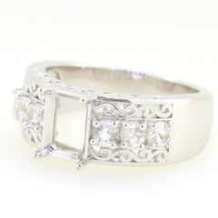 Sterling Silver semi mount ring setting with white topaz, featuring an elegant design and a blank space for main gemstone.