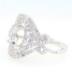 Sterling silver semi mount ring setting with double halo and white topaz, designed for 9x7mm oval gemstones.