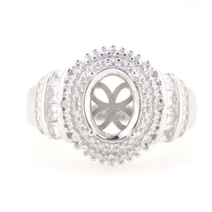 Sterling Silver Semi Mount Ring Setting for Oval 9x7mm with Double Halo and White Topaz embellishments.