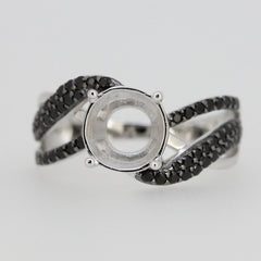 Sterling silver semi mount ring setting with round center, split shank and black spinel accents, made to order.