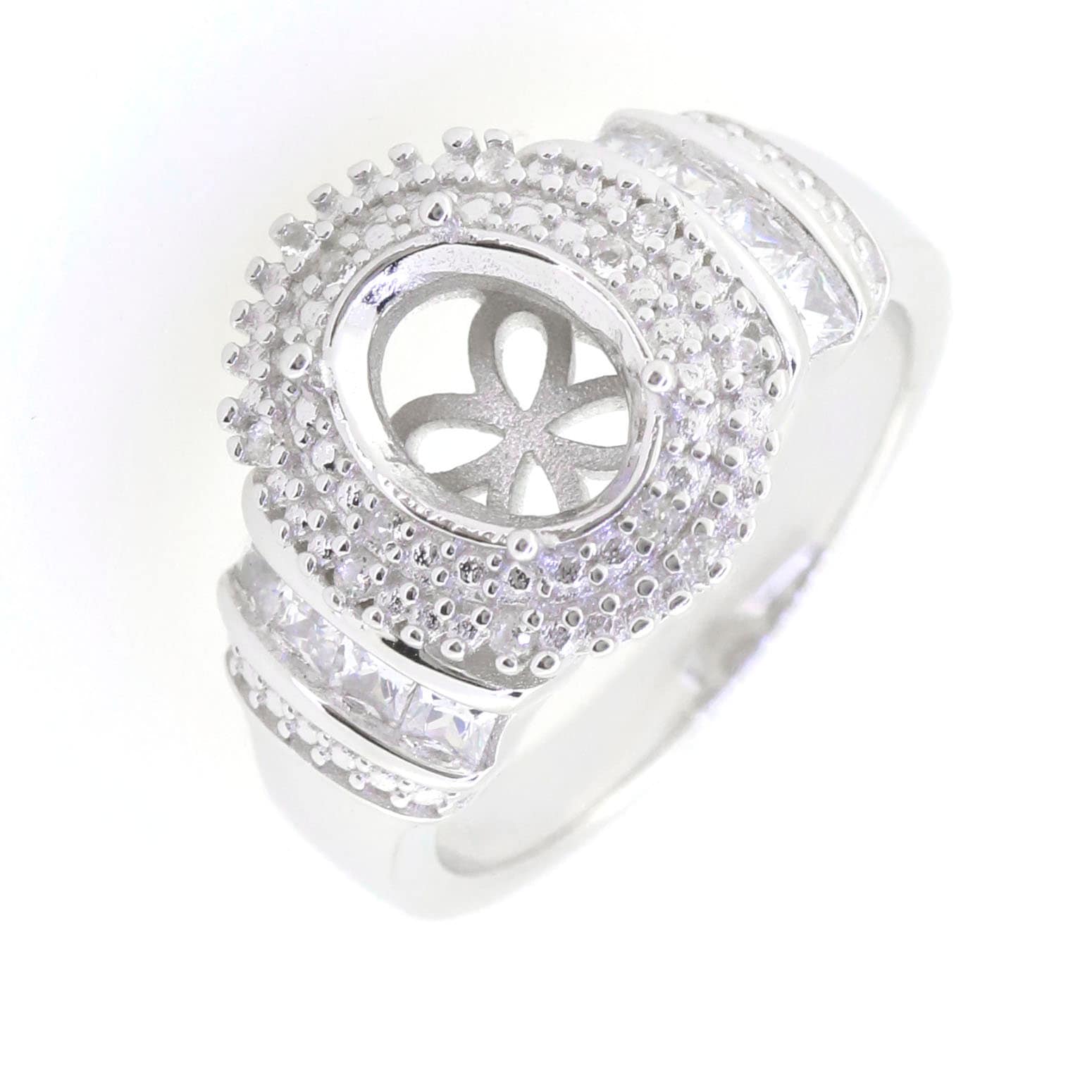 Sterling silver semi mount ring setting with double halo and white topaz, designed for 9x7mm oval gemstones.