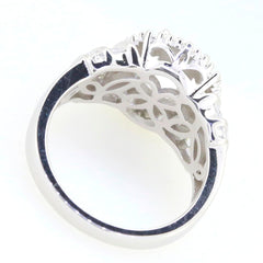 Sterling silver semi mount ring setting, oval 9x7mm, double halo design with intricate filigree details.