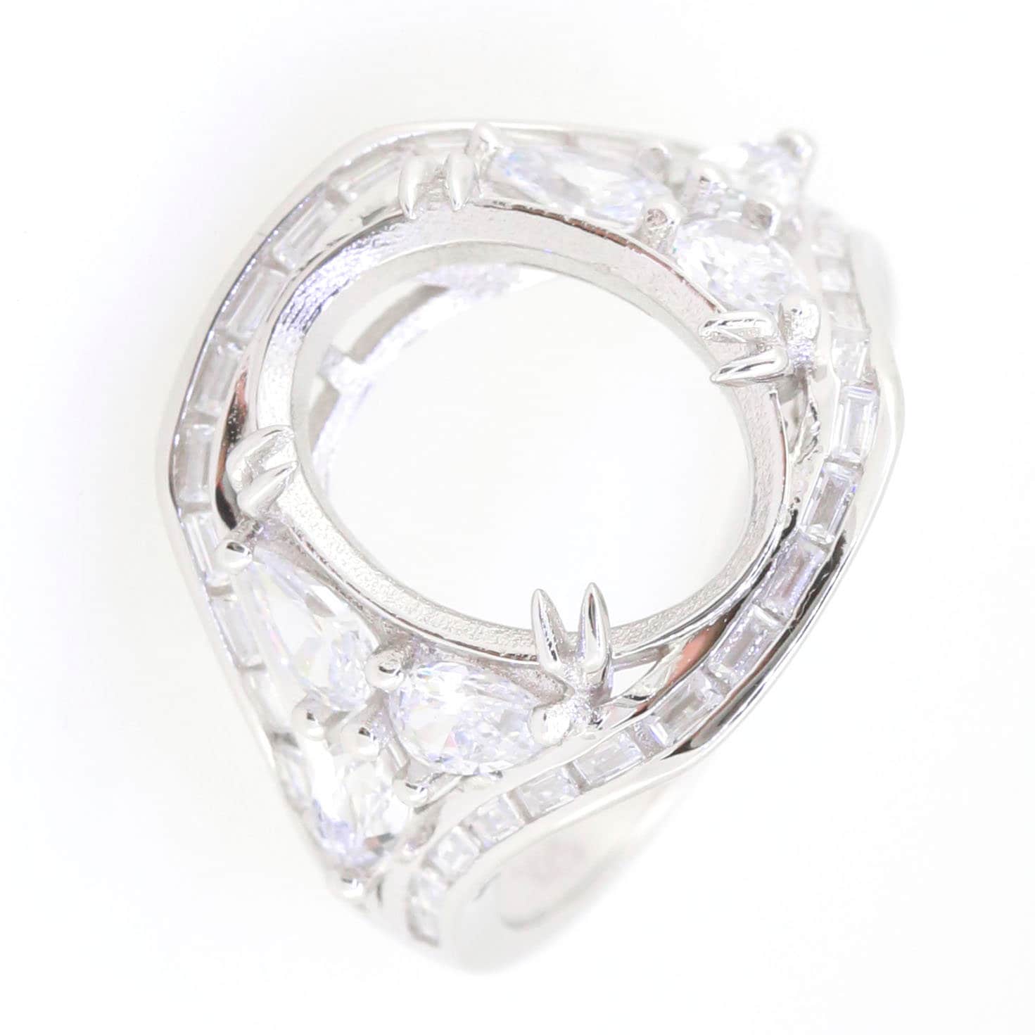 Sterling silver semi mount ring setting for oval 15x12mm, featuring a split shank and halo design.