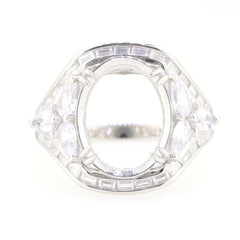 Sterling silver semi mount ring setting with oval 15x12mm opening, featuring a split shank and halo design.