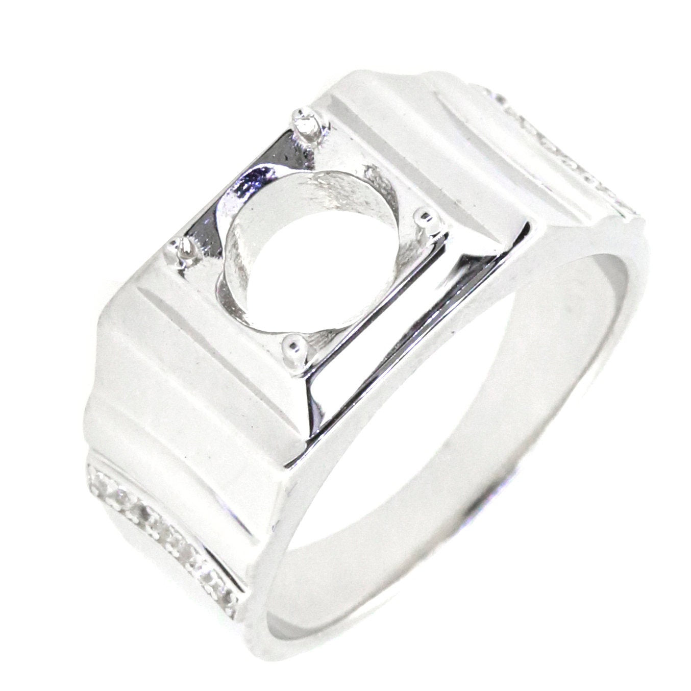 Men's sterling silver semi mount ring setting with round 8x8 stone space and white topaz accents.