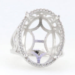 Sterling Silver Semi Mount Ring Setting with Oval Halo for White Topaz, intricate design and adjustable size.