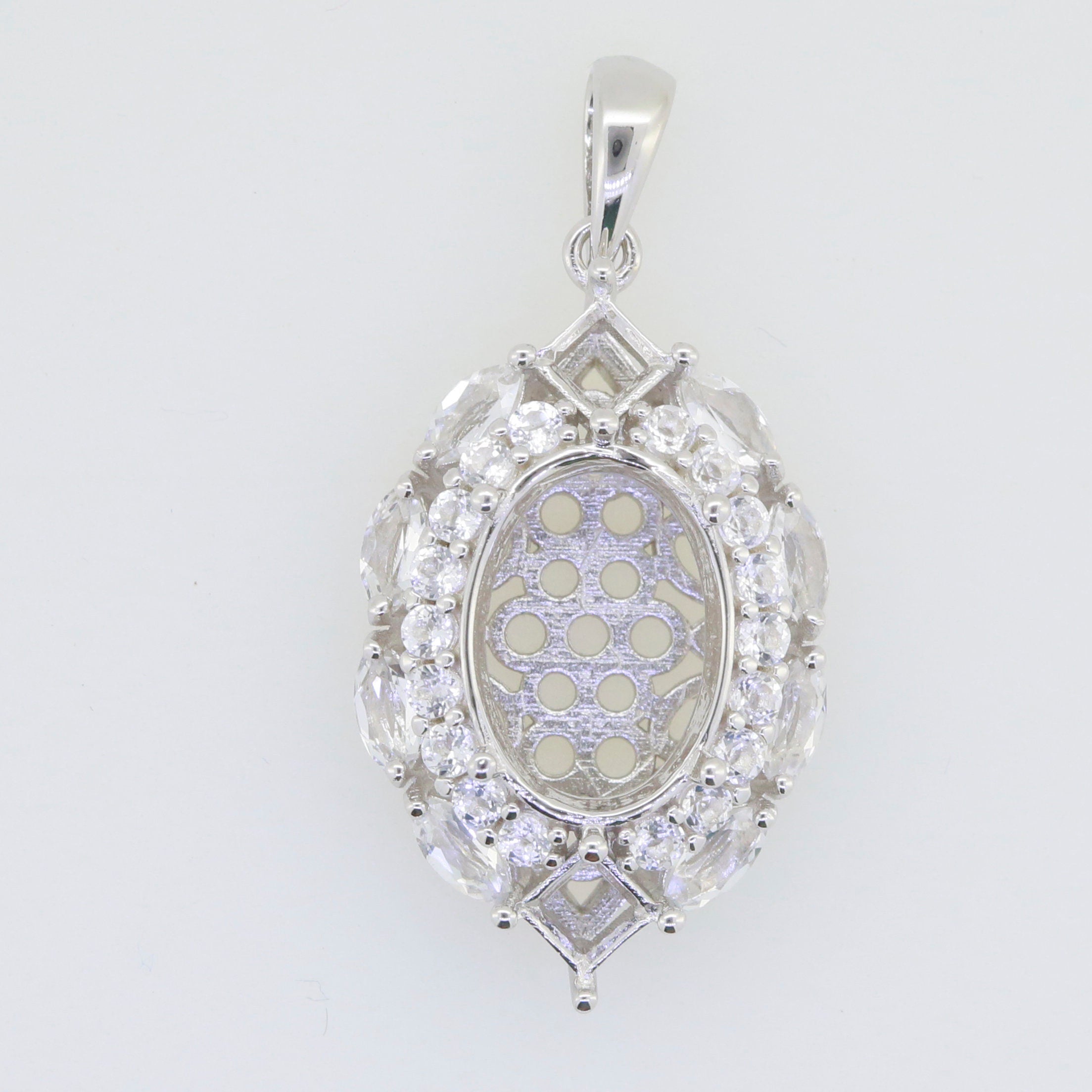 Custom sterling silver semi mount pendant setting with halo design featuring white topaz accents, made to order.
