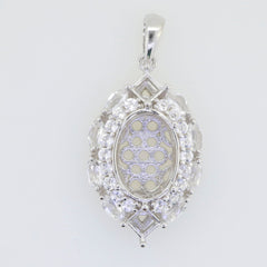 Sterling Silver Semi Mount Pendant Setting with White Topaz gemstones in oval halo style, ready for custom gemstone addition.
