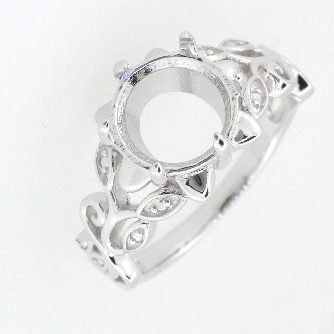 Sterling silver semi mount ring setting in Art Nouveau style with round 10x10mm gemstone holder.