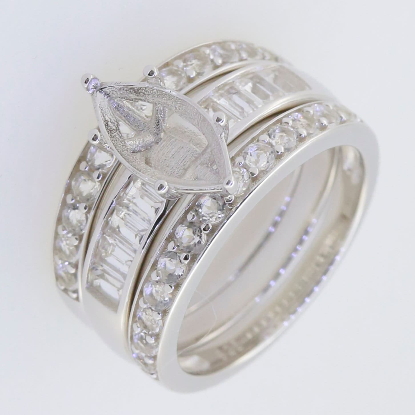 Sterling Silver Semi Mount Ring Setting with Marquise and Baguette stones in a 3 pieces wedding engagement ring set.