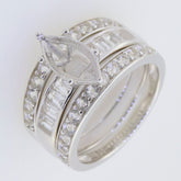 Sterling Silver Semi Mount Ring Setting with Marquise and Baguette stones in a 3 pieces wedding engagement ring set.