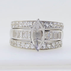 Sterling Silver Semi Mount Ring Setting with Marquise and Baguette Cut Stones, 3 Piece Wedding Engagement Ring Set